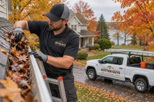 Gutter Guys Technician Clearing Fall Leaf Drop In Kansas City From A Home 039 S Gutters Gutter Guys technician clearing fall leaf drop in Kansas City from a home's gutters
