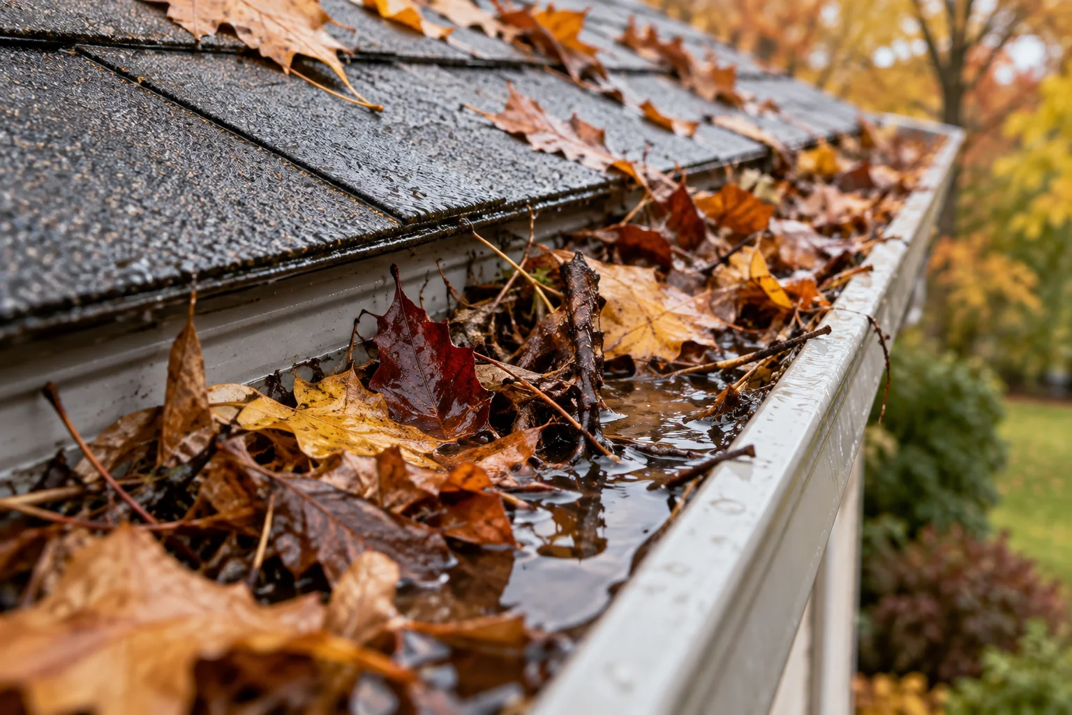 Technician clearing wet fall leaves from a clogged residential gutter in Kansas City