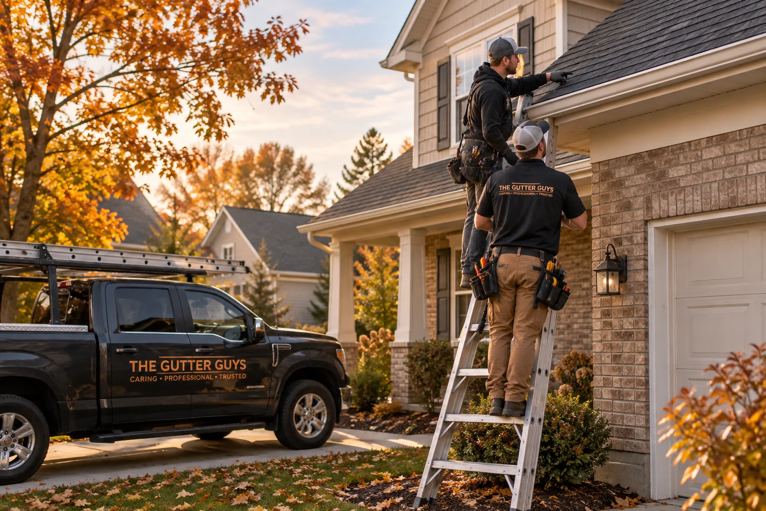 Roofer and gutter installer coordinating work to replace gutters with a new roof on a Midwest home this fall