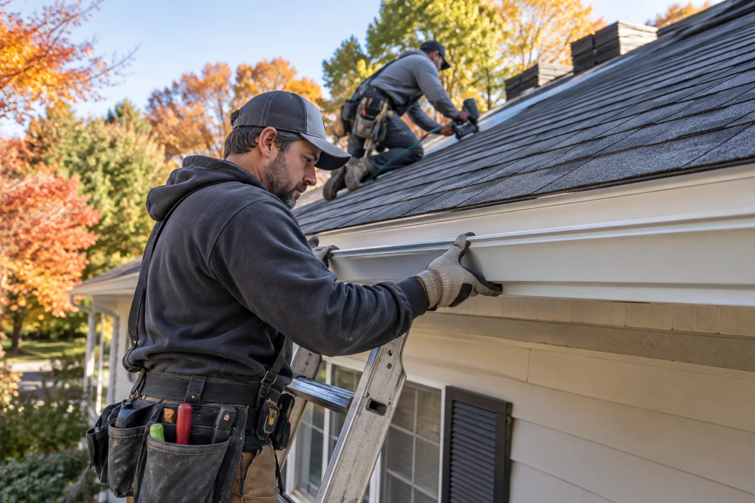 Roofing crew and gutter installer coordinating ladder placement on a Midwest home during roof replacement