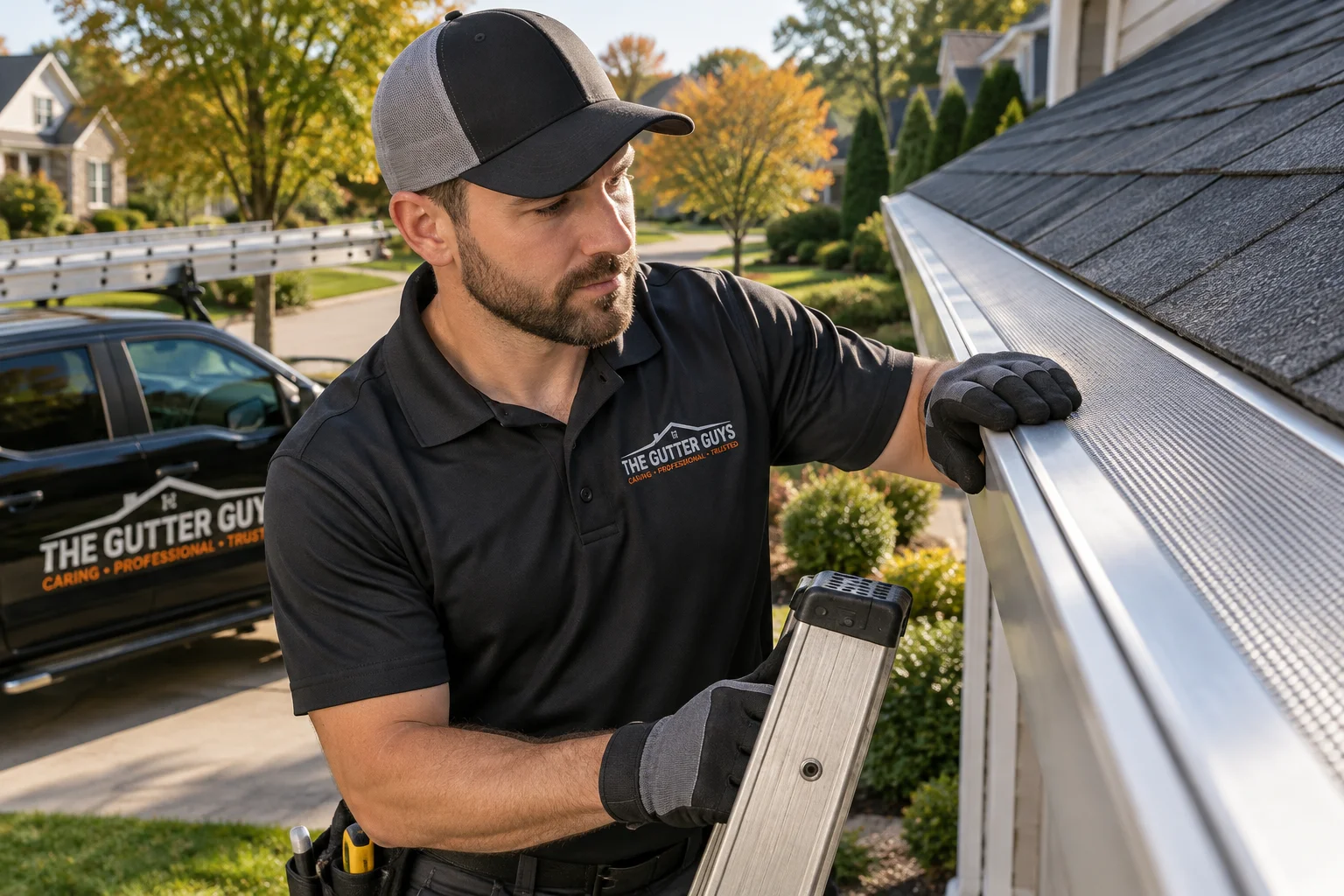 Gutter technician inspecting a stainless steel gutter guard system as part of comparing gutter guard warranties