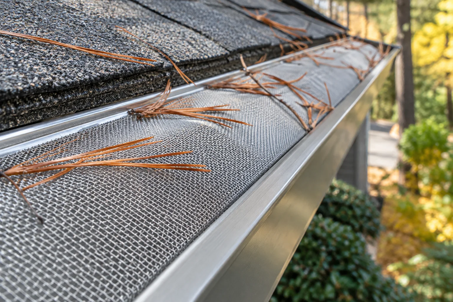 Close-up of stainless steel micro-mesh gutter guard installed along a Midwest home's gutter system