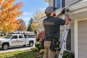Gutter Installation Technician Attaching Seamless Aluminum Gutters To An Ann Arbor Home With A Branded Truck Below Gutter installation technician attaching seamless aluminum gutters to an Ann Arbor home with a branded truck below
