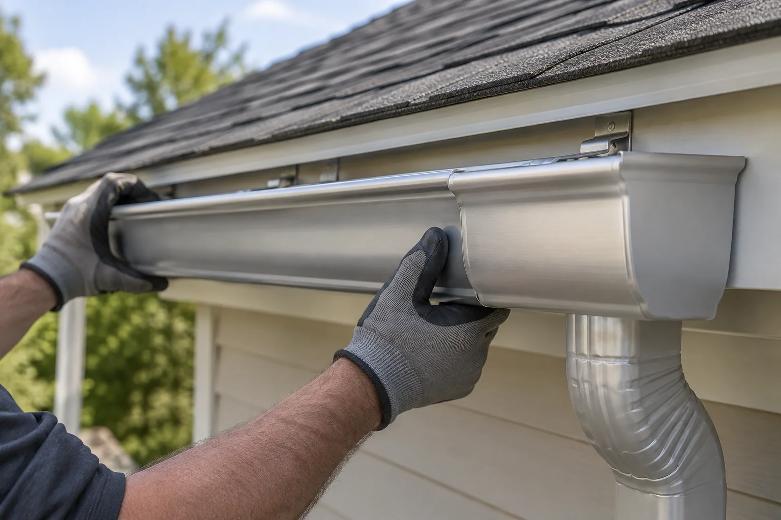 Hiring-gutter-company-ann-arbor-questions-to-ask-3124-supporting Close-up of a seamless aluminum gutter being installed along a home's fascia board in Michigan