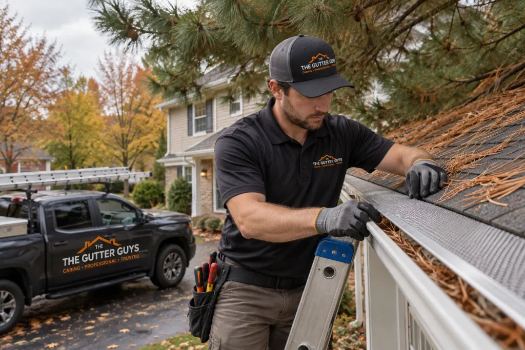 Technician installing stainless steel gutter guards for pine needles under overhanging evergreen trees on a Midwest home