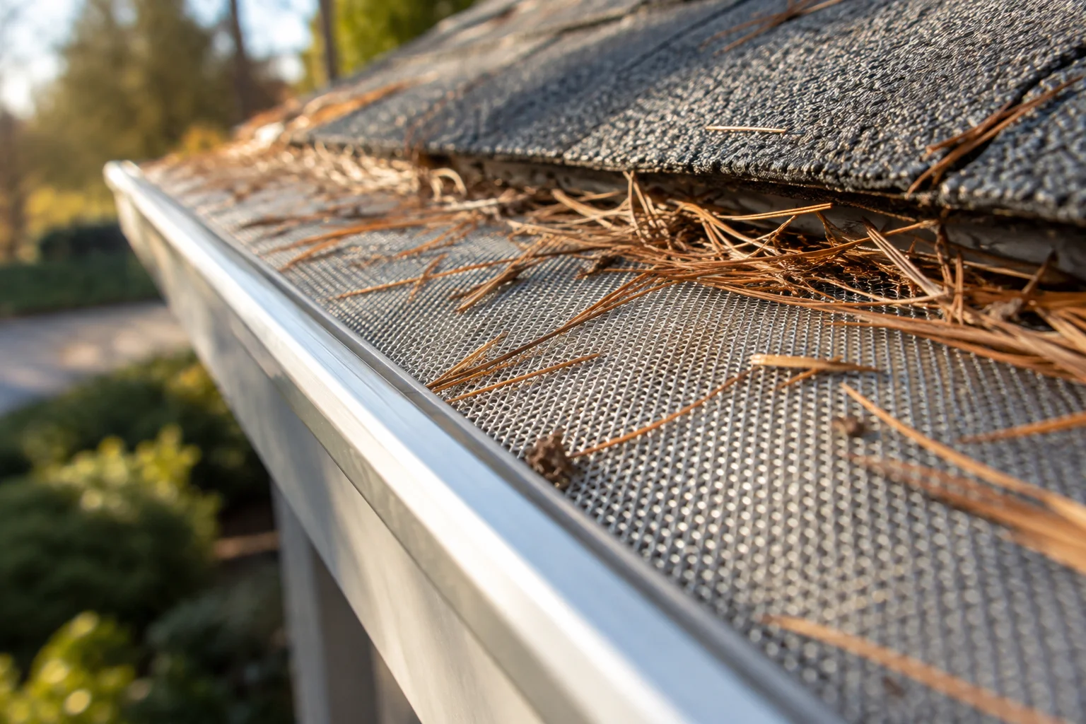 Close-up of a stainless steel micro-mesh gutter guard installed under pine trees with needles resting on top