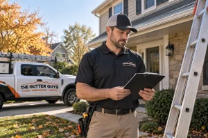 Gutter Guys Technician Reviewing An Overland Park Gutter Protection Quote Beside A Ladder At A Home Gutter Guys technician reviewing an Overland Park gutter protection quote beside a ladder at a home