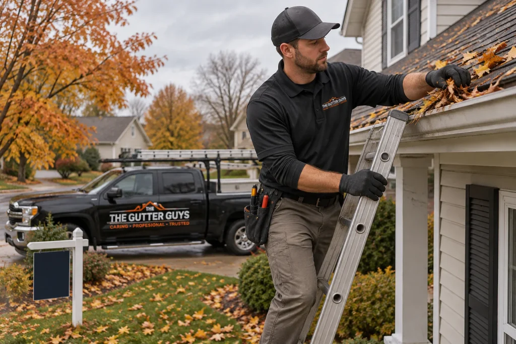 Gutter Guys technician inspecting gutters on a home with a for-sale sign before a Springfield or Decatur home sale