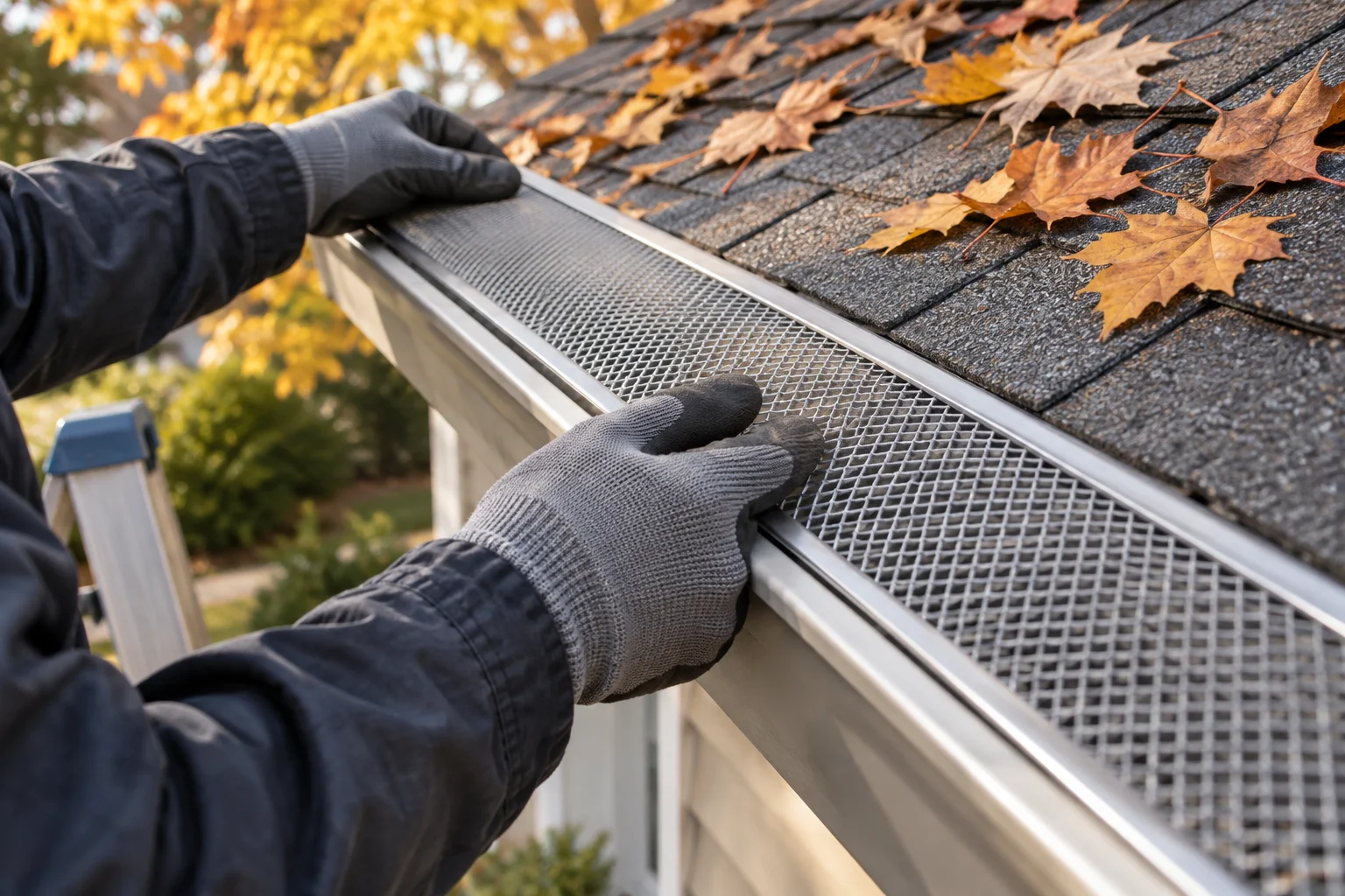 Selling-home-springfield-decatur-gutter-inspection-flags-3125-supporting Gutter technician installing a mesh guard on a residential home's gutter system before a listing goes live